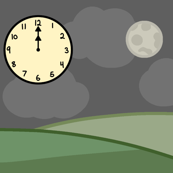  A clock with both hands pointing up to '12,' in front of a scene with two hills, a grey sky with three clouds, and a moon.